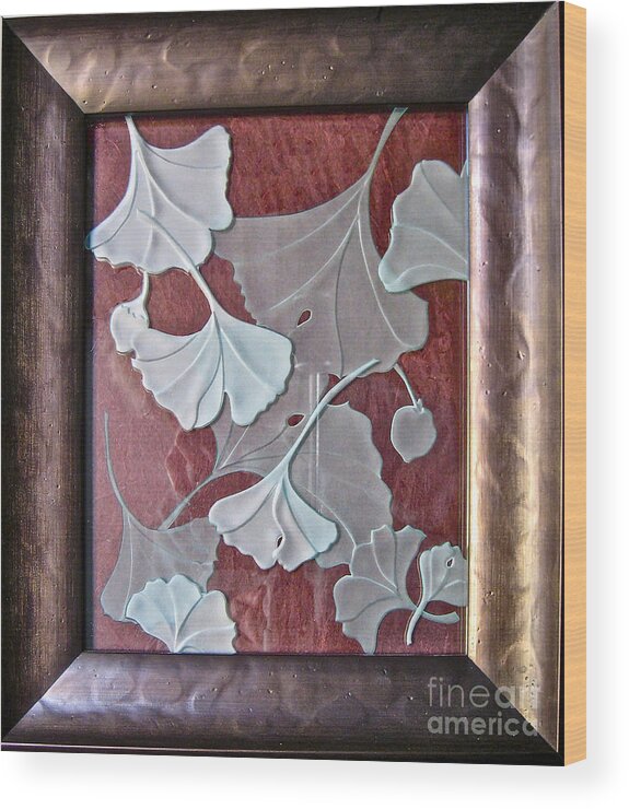 Red Wood Print featuring the glass art Ginko Leaves on Red #2 by Alone Larsen