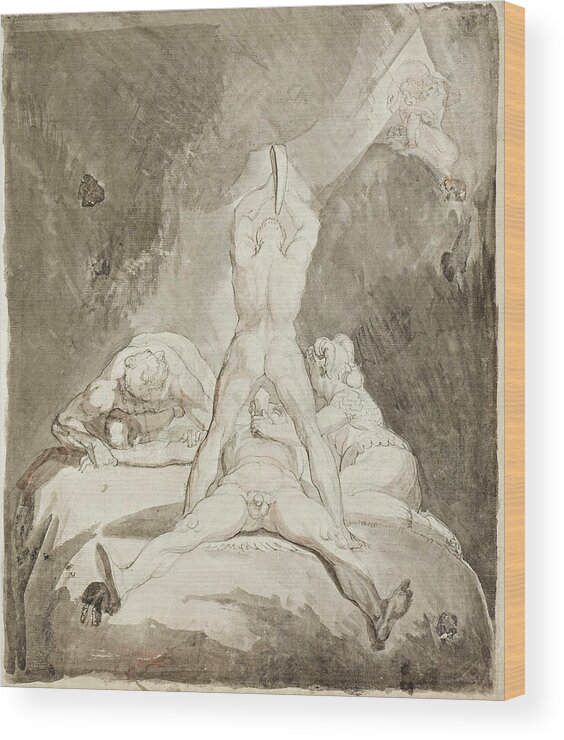 Henry Fuseli Wood Print featuring the drawing Hephaestus Bia and Crato Securing Prometheus on Mount Caucasus #2 by Henry Fuseli