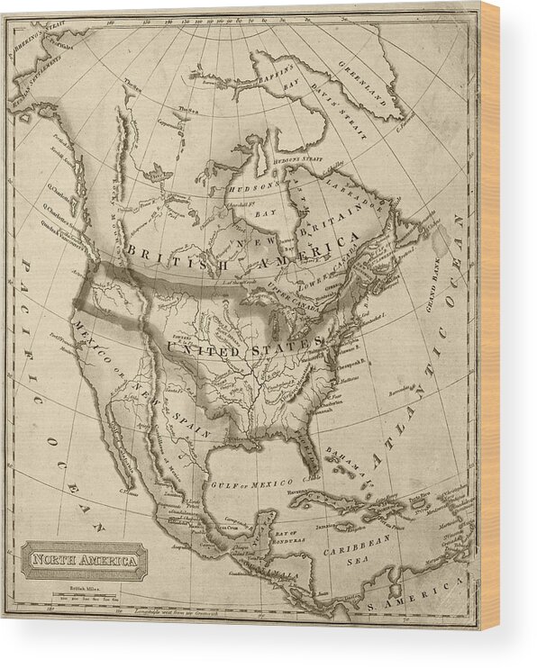 1822 Wood Print featuring the digital art 1822 Map of North America Sepia by Toby McGuire