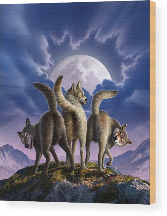 Wolf Wood Print featuring the digital art 3 Wolves Mooning by Jerry LoFaro
