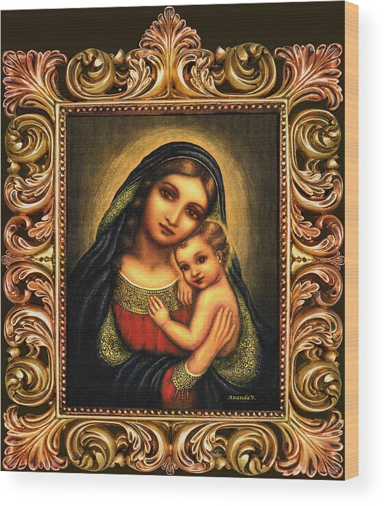 Madonna And Child Wood Print featuring the mixed media Oval Madonna #1 by Ananda Vdovic