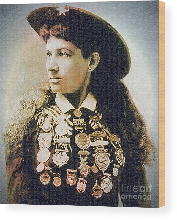 Annie Oakley Wood Print featuring the painting Annie Oakley - Shooting Legend by Ian Gledhill