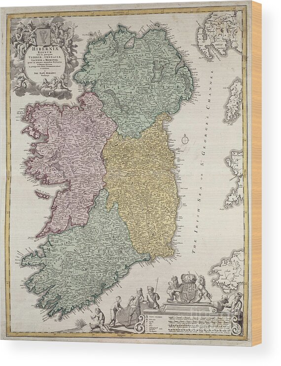 Eire Wood Print featuring the drawing Antique Map of Ireland showing the Provinces by Johann Baptist Homann
