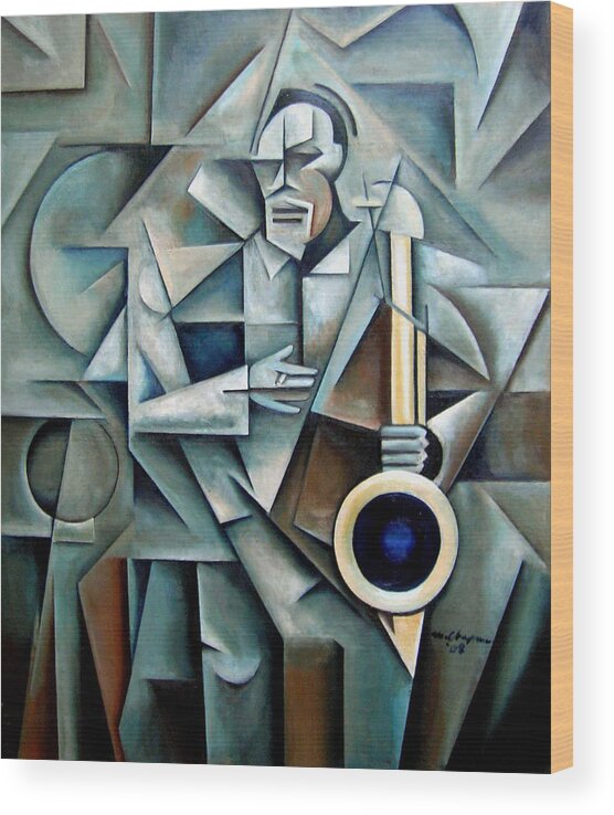 Jackie Mclean Jazz Saxophone Cubism Wood Print featuring the painting Bluesnik by Martel Chapman