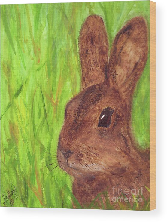 Bunny Wood Print featuring the painting Bunny in Grass by Shelley Jones