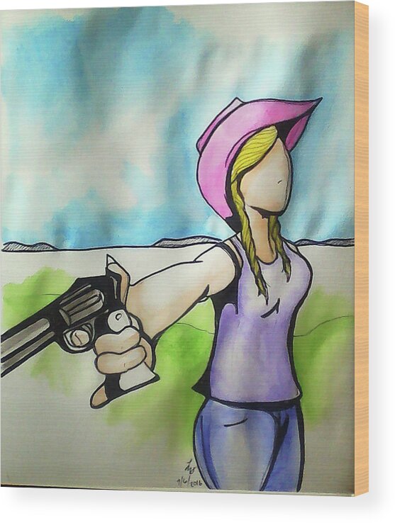 Cowgirl Wood Print featuring the painting Cowgirl with gun by Loretta Nash