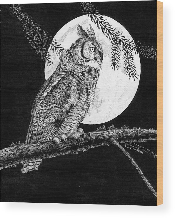 Great Horned Owl Wood Print featuring the drawing Dreaming of the Night by Timothy Livingston