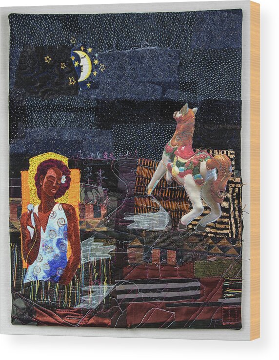 Art Quilt Wood Print featuring the tapestry - textile Fly Me to the Moon by Martha Ressler