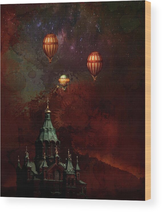 Sweden Wood Print featuring the digital art Flying Balloons over Stockholm by Jeff Burgess