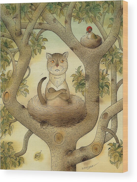 Tree Nest Cat Bird Landscape Sky Wood Print featuring the painting Flying cat by Kestutis Kasparavicius