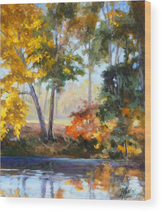Saint Louis Paintings Wood Print featuring the painting Forest Park - Autumn reflections by Irek Szelag