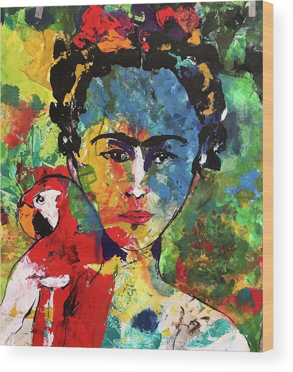 Frida Wood Print featuring the painting Frida and Parrot Uno by Elaine Elliott