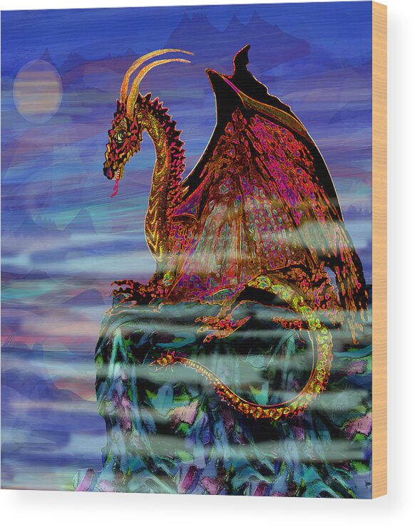 Dragon Wood Print featuring the painting Full Moon Aries Dragon on Crystal Mountain by Michele Avanti