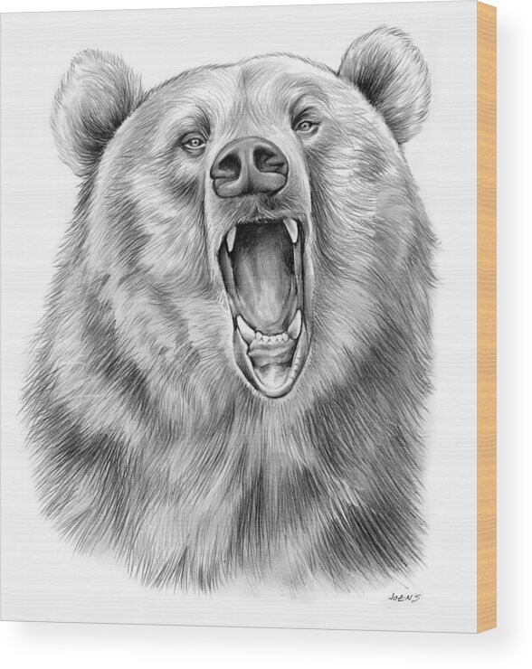 Bear Wood Print featuring the drawing Growling Bear by Greg Joens