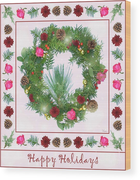 Lise Winne Wood Print featuring the digital art Holiday Wreath with Roses and Carnations by Lise Winne