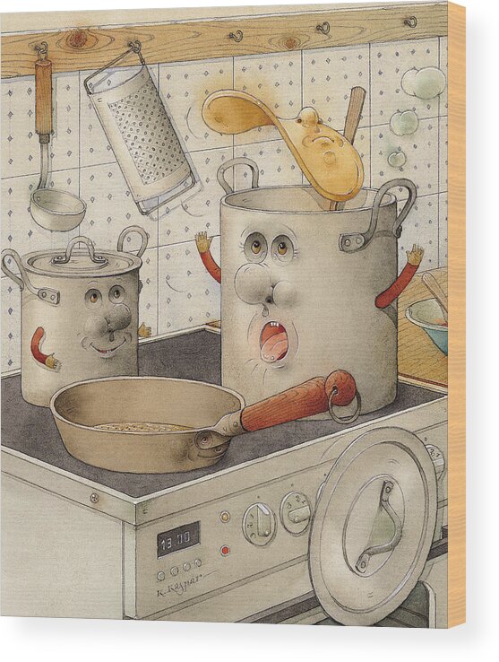 Kitchen Food Accident White Pan Pot Cooker Cooking Wood Print featuring the painting Kitchen by Kestutis Kasparavicius