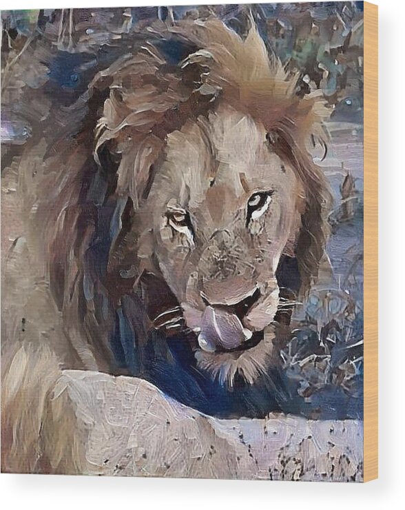 Lion Wood Print featuring the photograph Lion with Tongue by Gini Moore