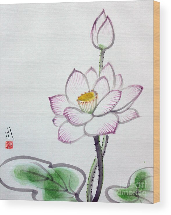 Lotus Wood Print featuring the painting Lotus by Fumiyo Yoshikawa
