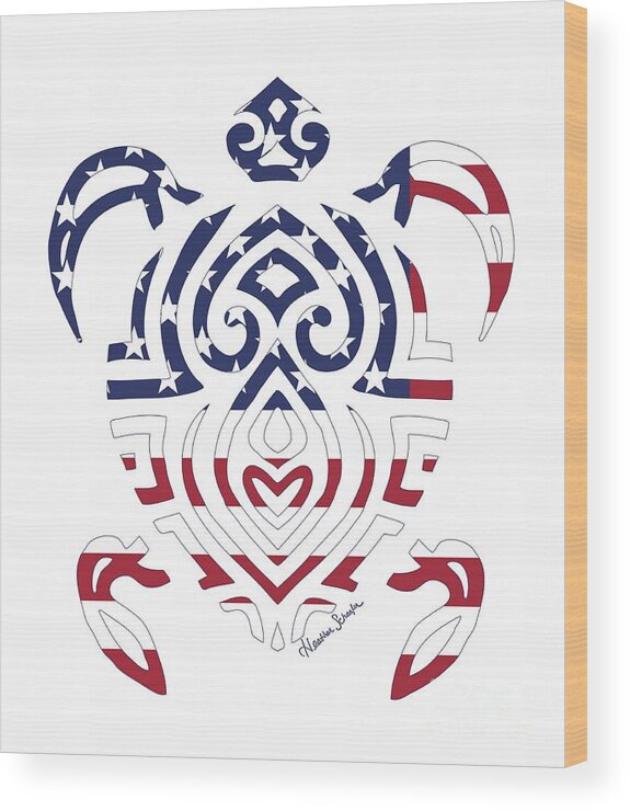 American Wood Print featuring the digital art Made in the USA Tribal Turtle by Heather Schaefer
