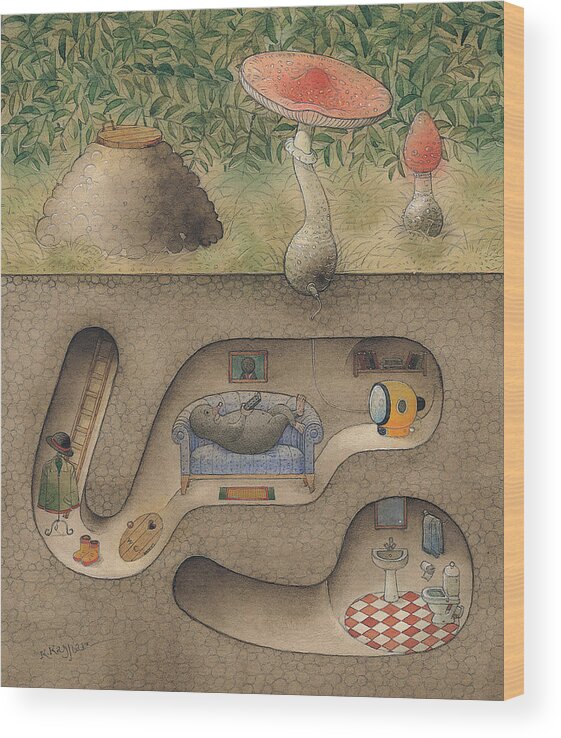 Underground Mole Cellar Tv Agaric Home Relaxation Wood Print featuring the painting Mole by Kestutis Kasparavicius