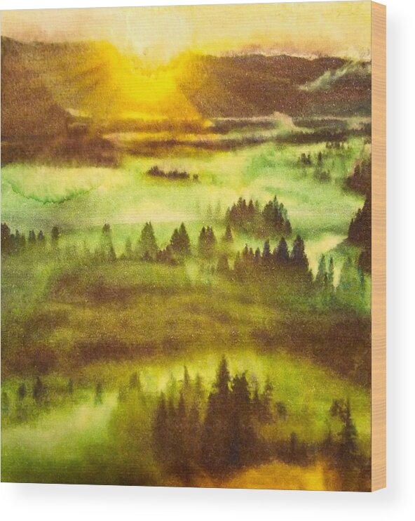Watercolor Wood Print featuring the painting Morning Fog Lifting by Cara Frafjord