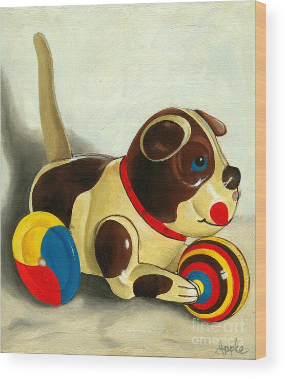 Tin Toy Wood Print featuring the painting Old Windup Dog toy painting by Linda Apple