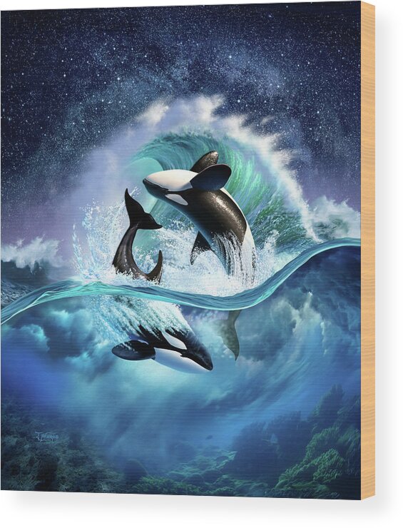Orca Wood Print featuring the digital art Orca Wave by Jerry LoFaro