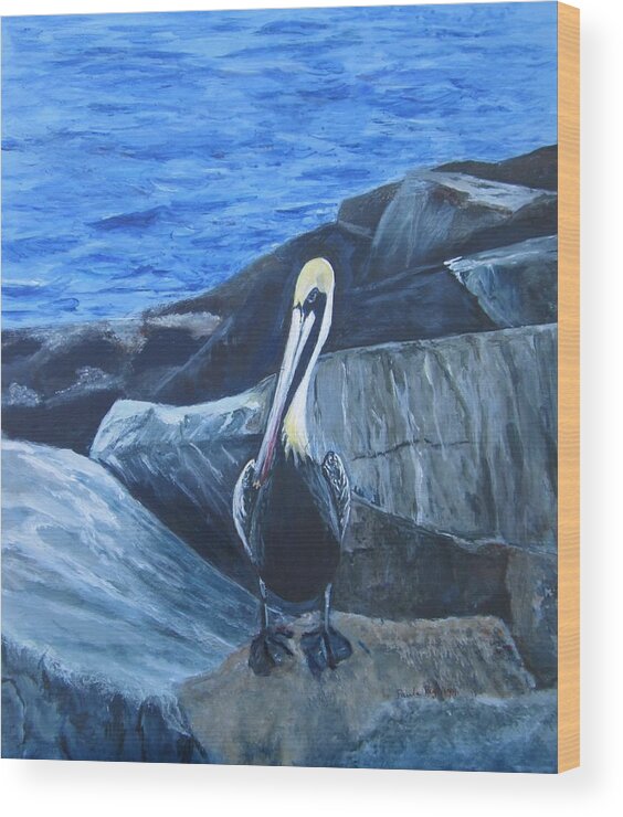 Pelican Wood Print featuring the painting Pelican On The Rocks by Paula Pagliughi