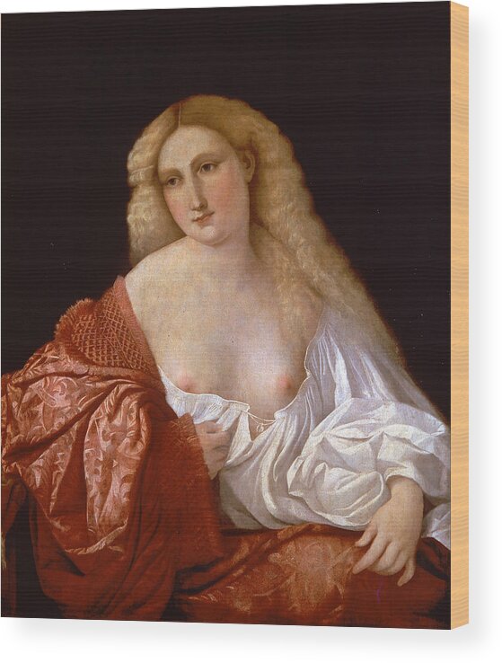 Palma Vecchio Wood Print featuring the painting Portrait of a Woman know as Portrait of a Courtsesan by Palma Vecchio