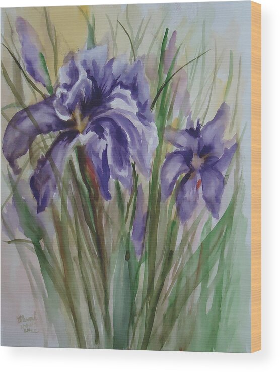 A Trio Of Dutch Irises. Flower Wood Print featuring the painting Purple Times 3 by Charme Curtin