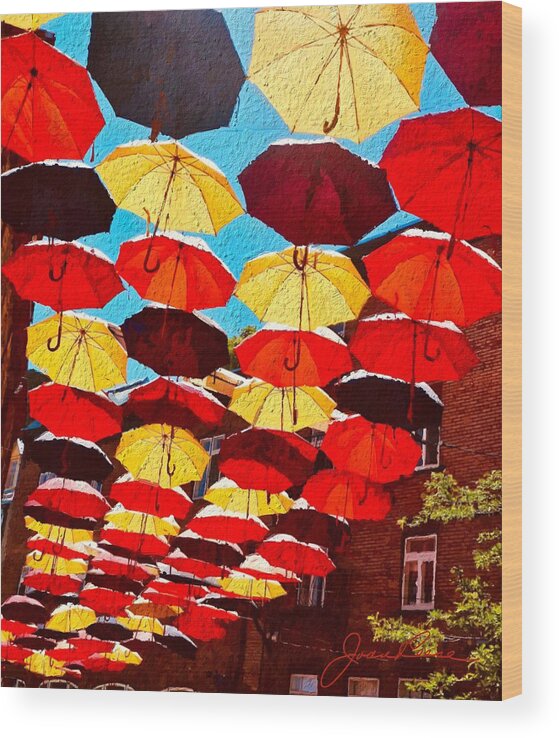 Colorful Painting Of Red And Yellow Umbrellas Wood Print featuring the painting Raining umbrellas by Joan Reese