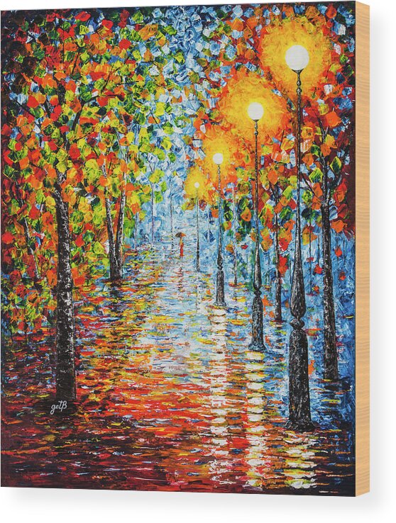 Rainy Autumn Evening in The Park acrylic palette knife painting Wood Print  by Georgeta Blanaru - Fine Art America