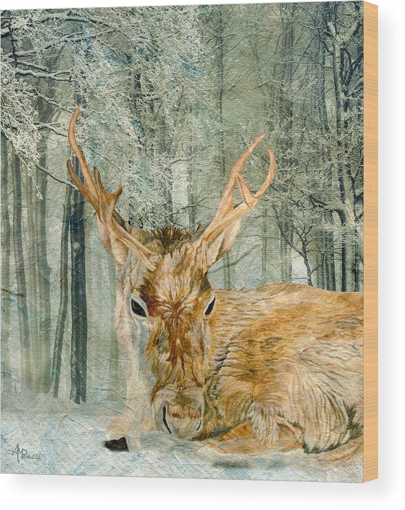 Deer Wood Print featuring the painting Reindeer In The Forest by Angeles M Pomata
