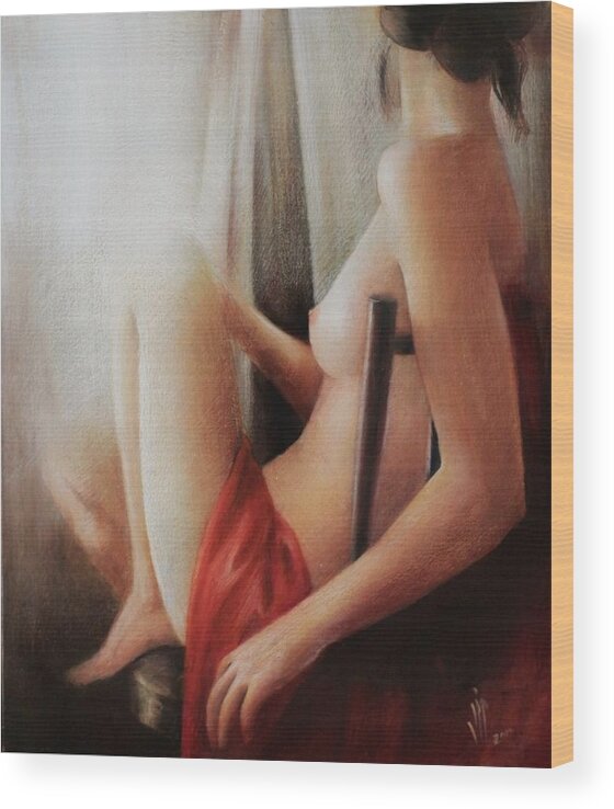 Nude Wood Print featuring the painting Seated nude by Vali Irina Ciobanu
