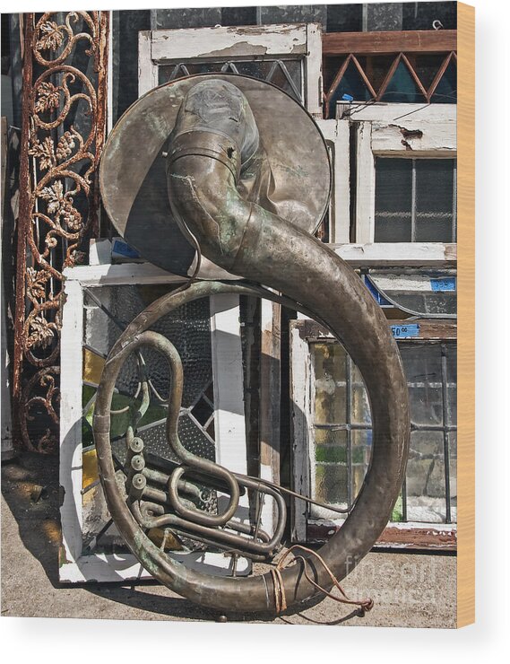 Tuba Wood Print featuring the photograph Slightly worn out vintage tuba seeks new home by Kathleen K Parker