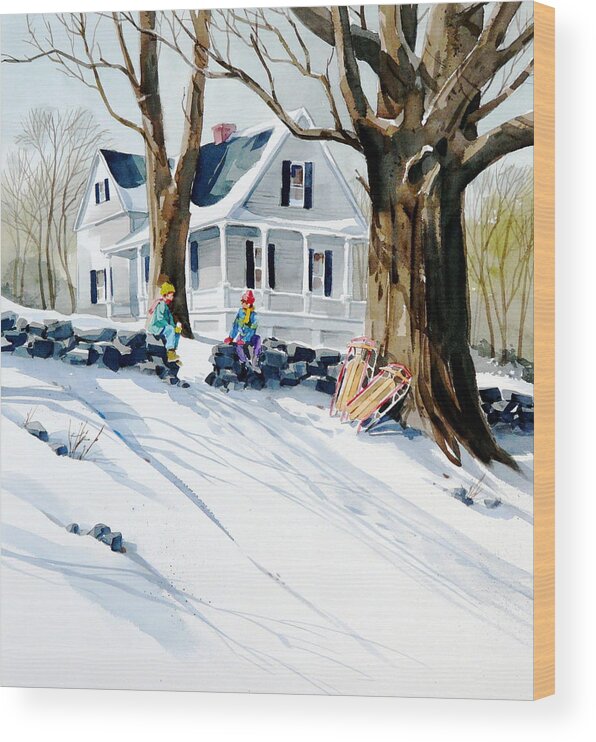 Boys Sledding Wood Print featuring the painting Snow Day by Art Scholz