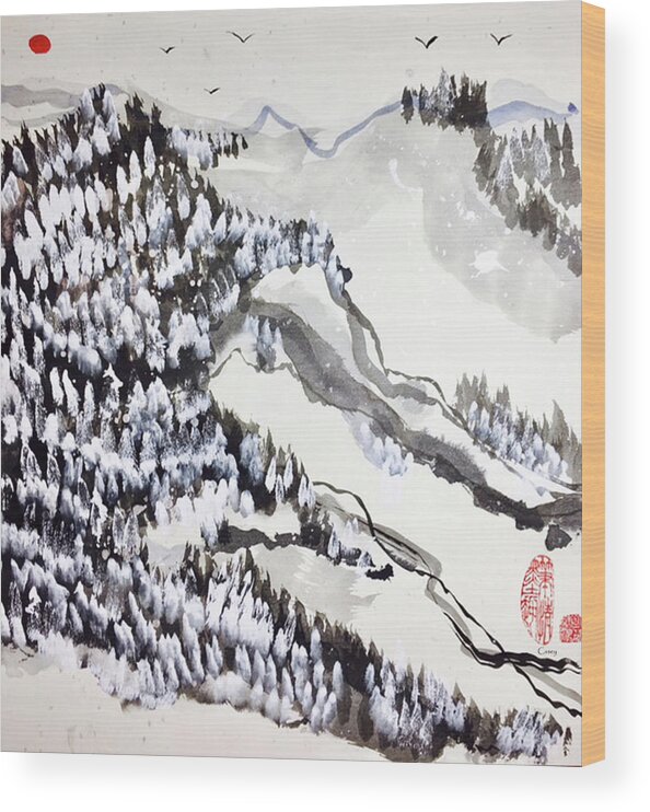 Sumi Wood Print featuring the painting Snow Forest by Casey Shannon