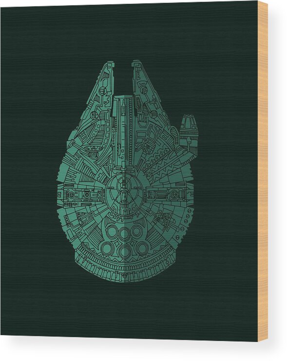 Millennium Wood Print featuring the mixed media Star Wars Art - Millennium Falcon - Blue Green by Studio Grafiikka
