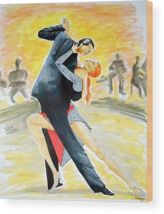 Ballroom Dancers Wood Print featuring the drawing Tango Tangle -- Portrait of 2 Tango Dancers by Jayne Somogy