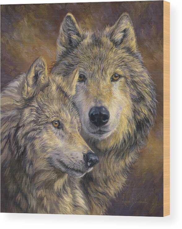Wolf Wood Print featuring the painting The Bond by Lucie Bilodeau