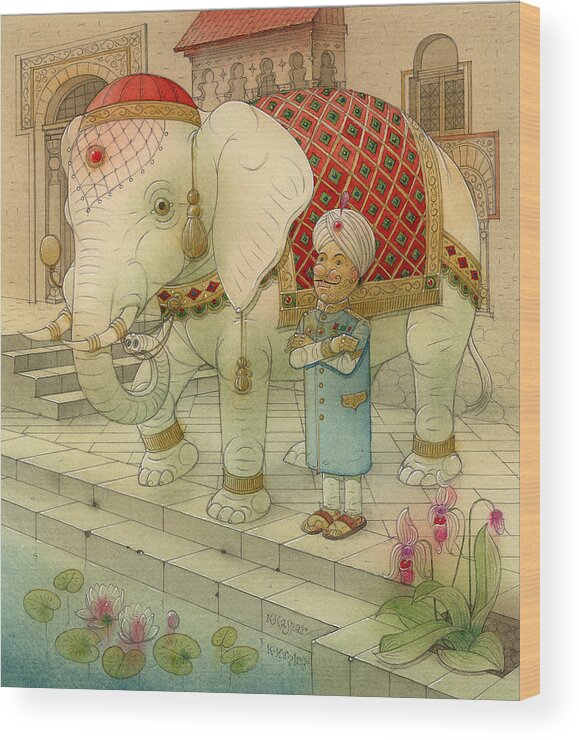 White Elephant Animals King India Water Good Luck Succes Lotus Fortune Happiness Thai Wood Print featuring the painting The White Elephant 05 by Kestutis Kasparavicius