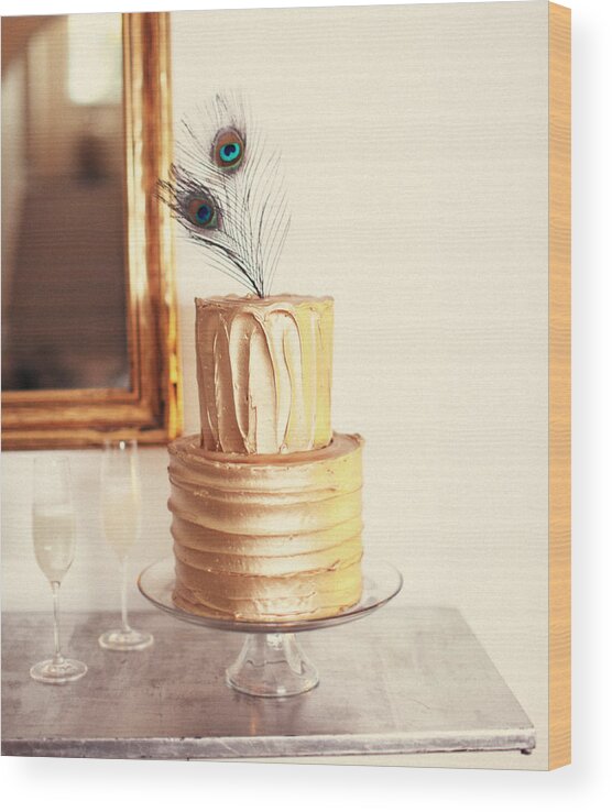 Cake Wood Print featuring the photograph Tiered Cake With Peacock Feathers On Top by Gillham Studios