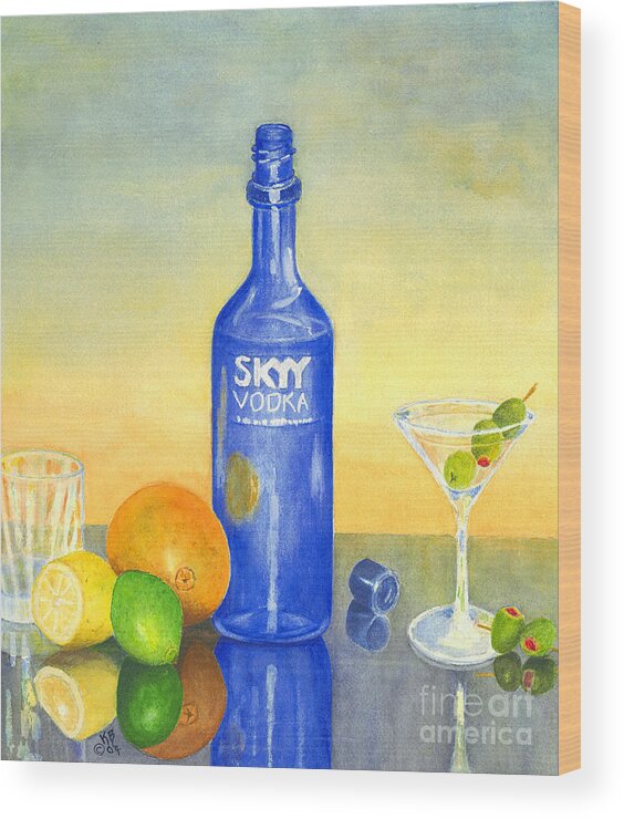 Vodka Wood Print featuring the painting Too Many Skies by Karen Fleschler