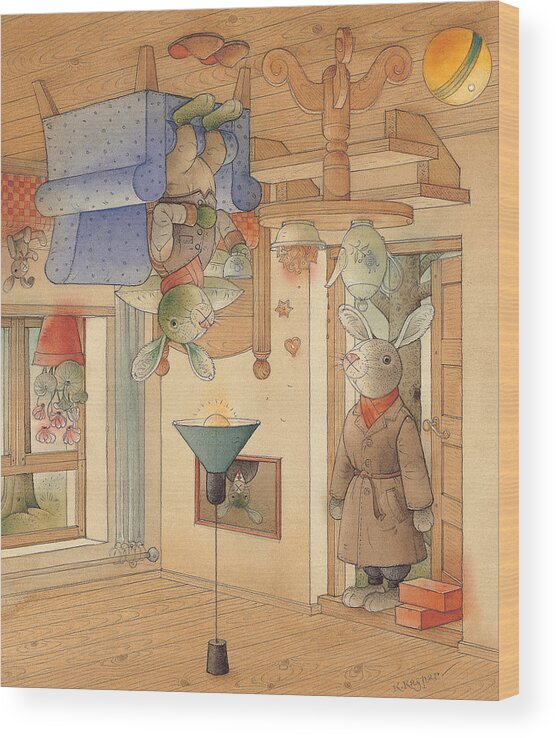 Rabbits Wood Print featuring the painting Two Rabbits by Kestutis Kasparavicius