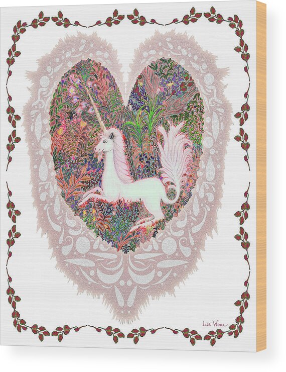 Lise Winne Wood Print featuring the digital art Unicorn in a Pink Heart by Lise Winne