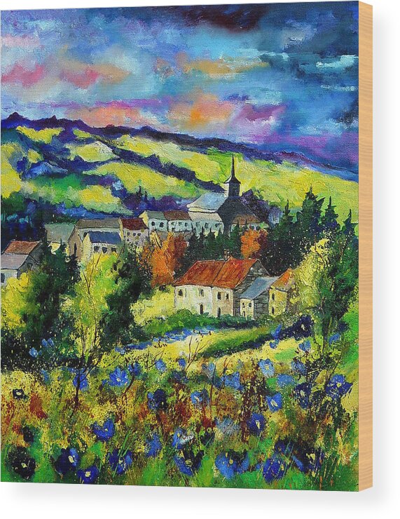 Landscape Wood Print featuring the painting Village and blue poppies by Pol Ledent