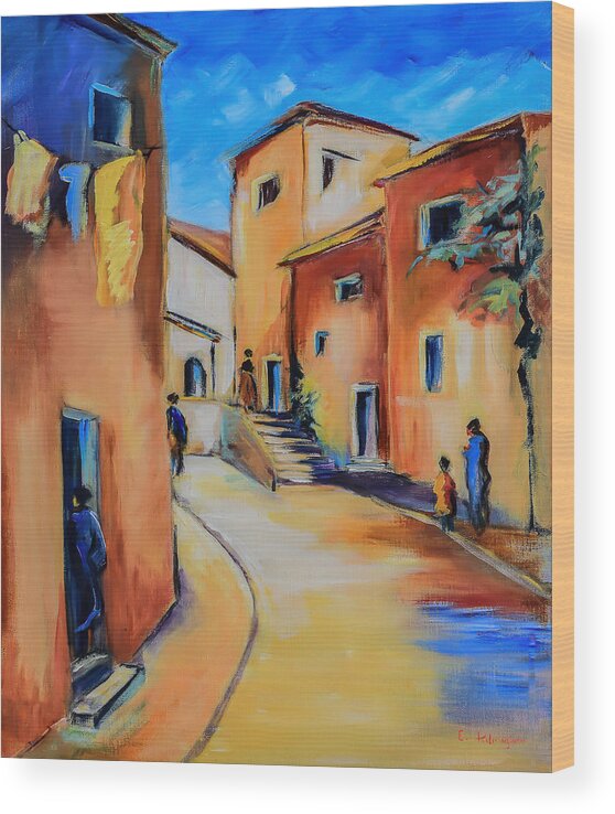 Mediterranean Wood Print featuring the painting Village Street in Tuscany by Elise Palmigiani