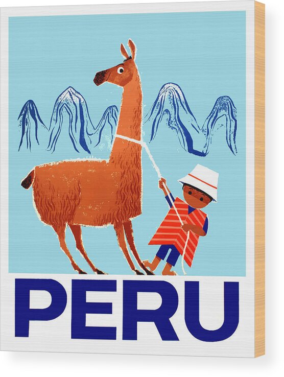 Vintage Child And Llama Peru Travel Poster Wood Print By Retro Graphics