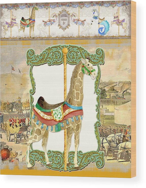 Carousel Wood Print featuring the painting Vintage Circus Carousel - Giraffe by Audrey Jeanne Roberts
