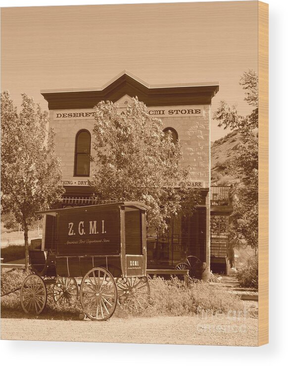 Sepia Wood Print featuring the photograph ZCMI Store and Delivery Wagon by Dennis Hammer
